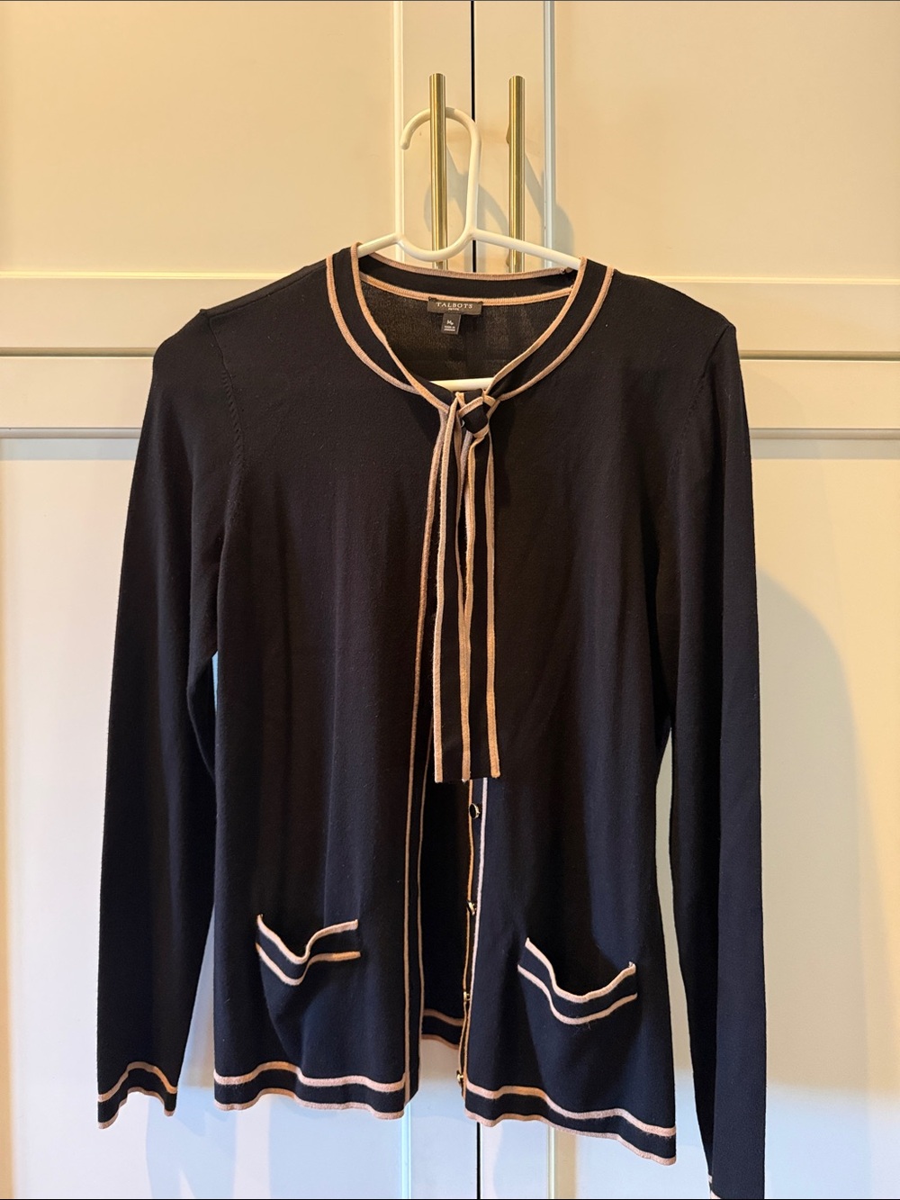Talbots Black Cardigan Sweater with tan trim and tie like new medium petite